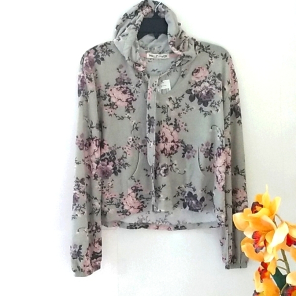 WALLFLOWER FLORAL CROP HOODIE LIGHTWEIGHT SWEATER SIZE LARGE NWT - Picture 2 of 13